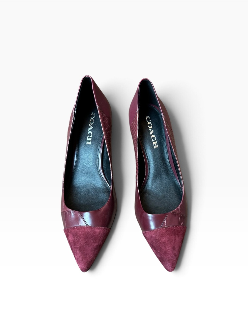 Coach Pointed Toe Burgundy Leather & Suede Heels Size 8